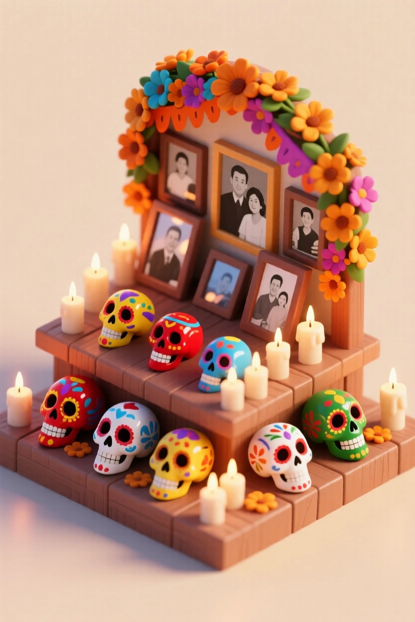 A Día de los Muertos altar decorated with marigolds, candles, and framed photos, sugar skulls arranged colorfully on the table.