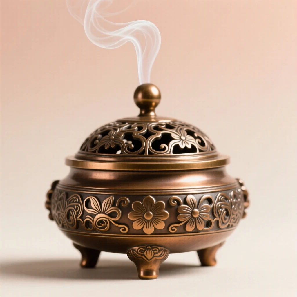 An ornate incense burner releasing curling smoke, set against a soft, elegant background, radiating elegance and refinement