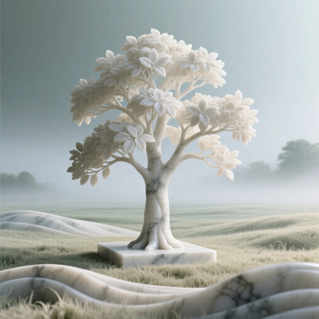 A beautifully composed image of a solitary tree standing in a misty field, surrounded by soft, glowing light, full of atmosphere and visual storytelling