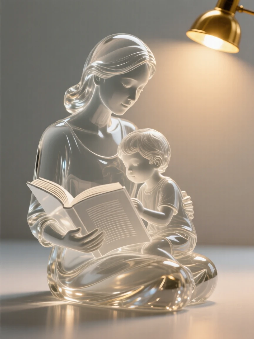 As golden light spills across the room, a mother reading a bedtime story to her child by lamplight, while a warm light settles over the whole scene
