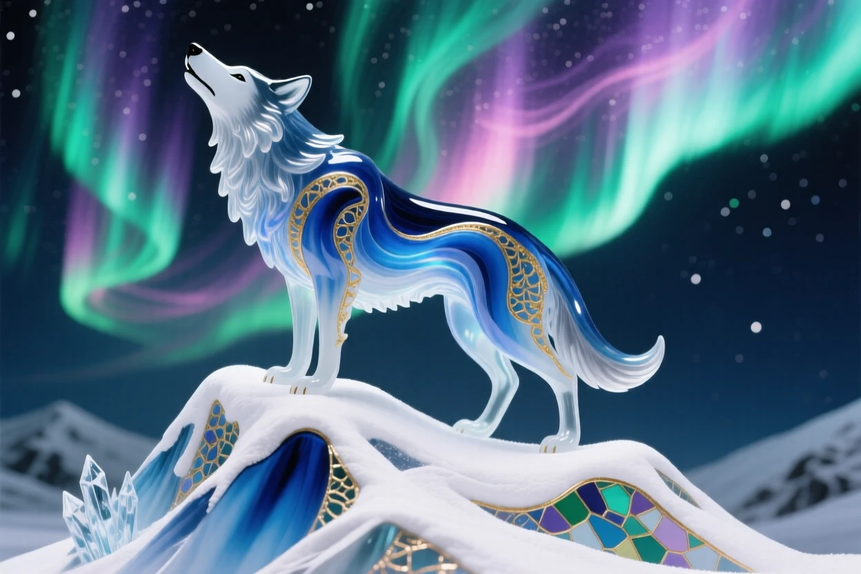 A lone wolf howling atop a snow-covered peak beneath the aurora, wild and haunting.