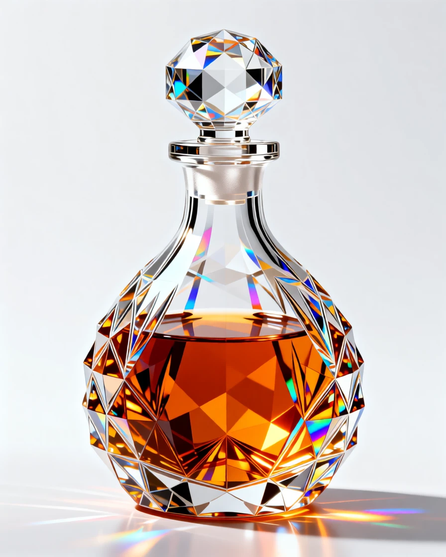 A vintage crystal decanter filled with amber liquid, light refracting through cut glass.