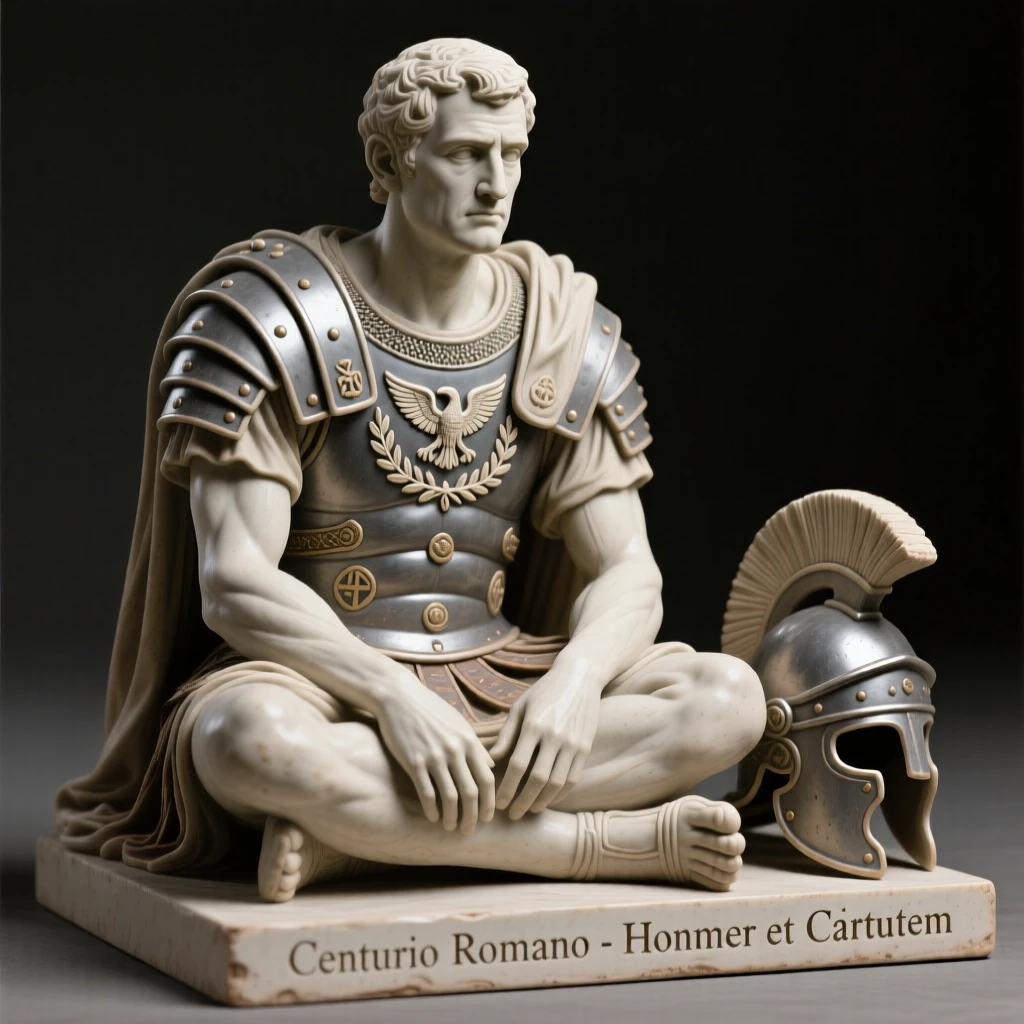 A Roman centurion standing at attention seated in quiet, contemplative repose, bearing markings of rank and honor, capturing the weight of history in a single gaze.