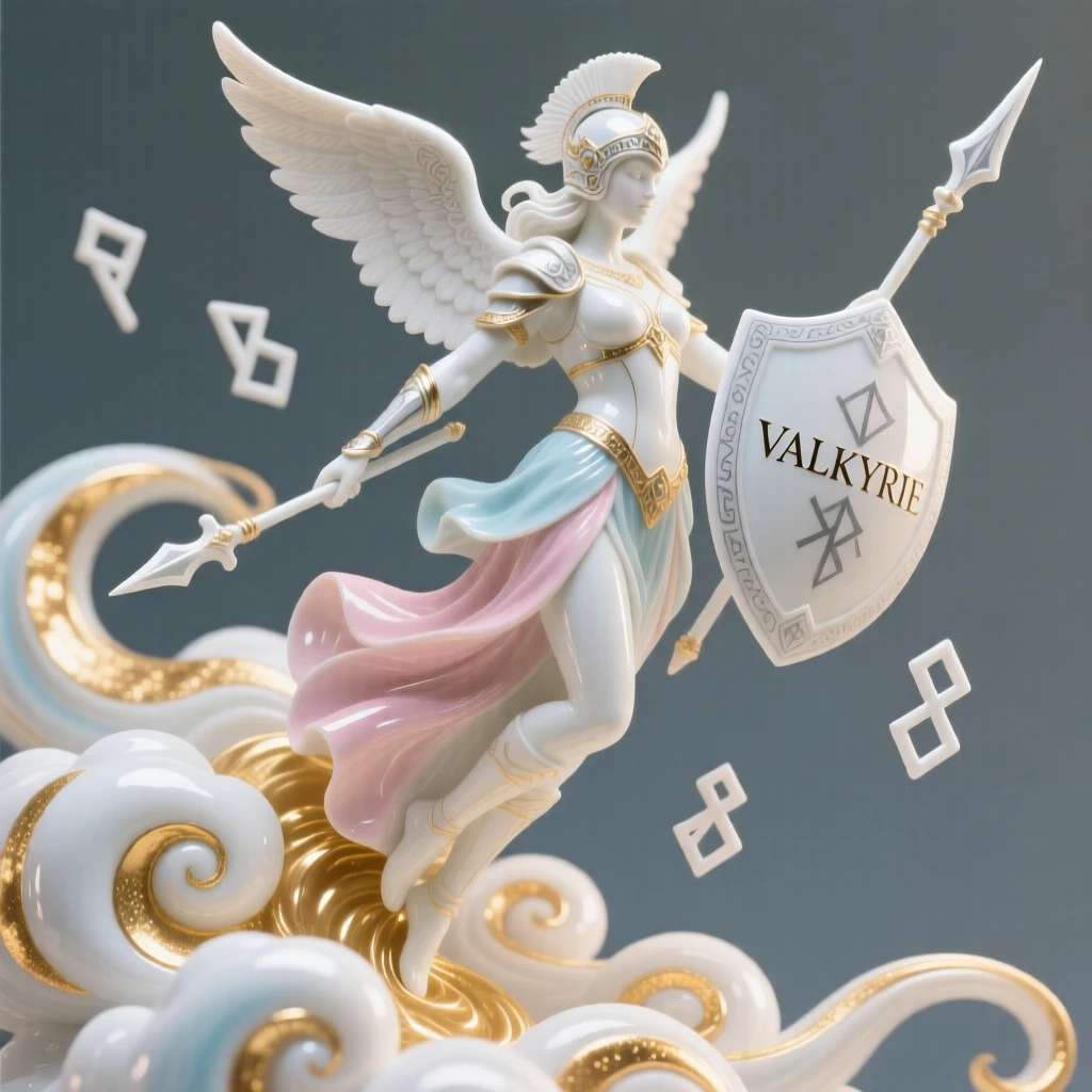 A mythological moment: a valkyrie descending from golden clouds, surrounded by symbols of divine power.