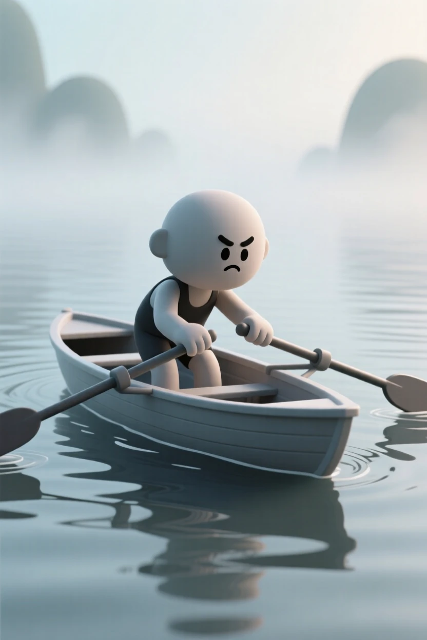 A determined rower pulls hard against the current, oars slicing rhythmically through misty morning water.