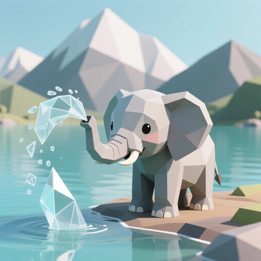 A baby elephant playfully spraying water, beside a crystal-clear mountain lake. the framing draws the eye directly to its gaze. The scene radiates quiet strength.