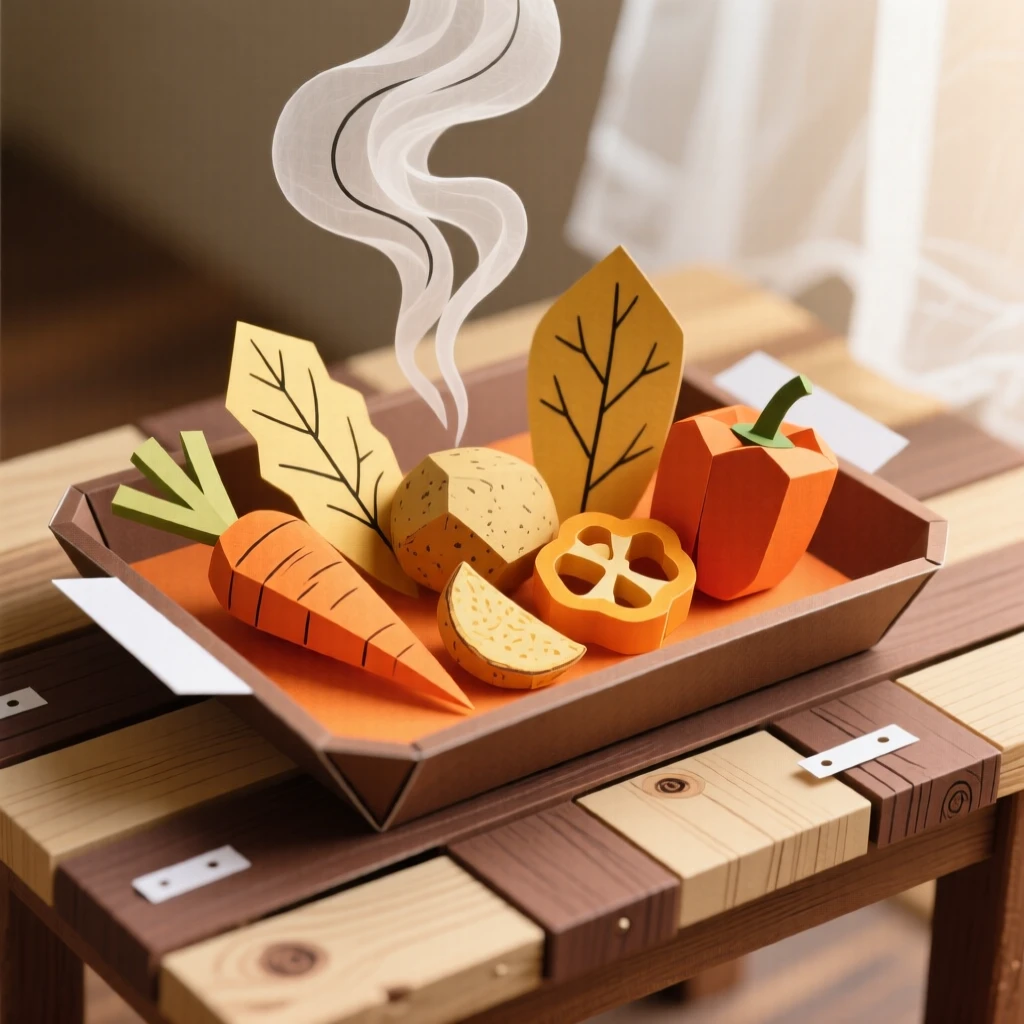 A tray of golden roasted vegetables set on a rustic wooden table, with steam rising gently into soft light, capturing the artistry of fine cuisine.