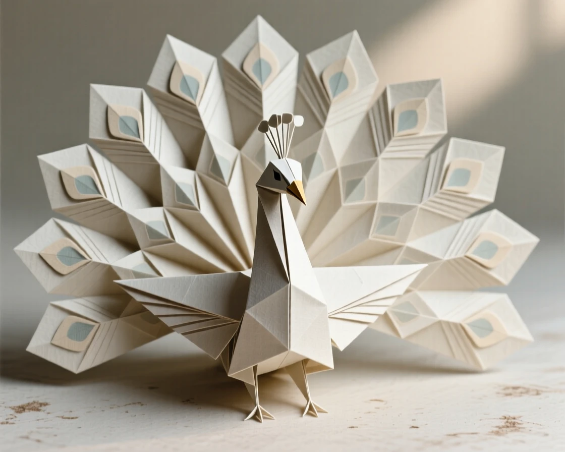 A decorative peacock displaying its full tail in a grand symmetrical fan.