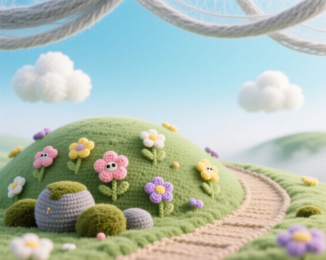 a rolling hillside dotted with wildflowers, beneath a wide open summer sky, framed by a distant winding path under a canopy of soft morning mist; a cluster of soft mossy rocks completes the scene, full of peaceful, untouched natural beauty.