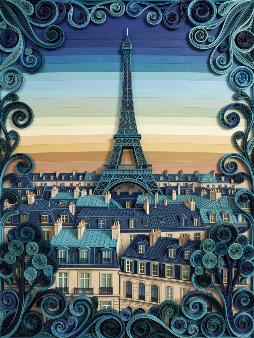 the Eiffel Tower rising above a sea of Parisian rooftops, beneath a sky painted in soft sunset gradients, framed by silhouetted trees in the foreground, in a rich palette of blue, teal, and gold.