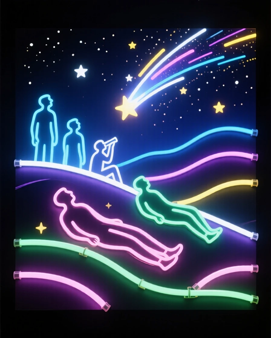 A group of stargazers lying on a hillside watching a meteor shower.