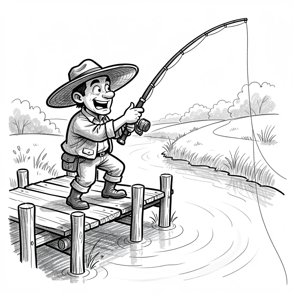A fisherman casting a line from a riverside dock beside a quiet countryside road.
