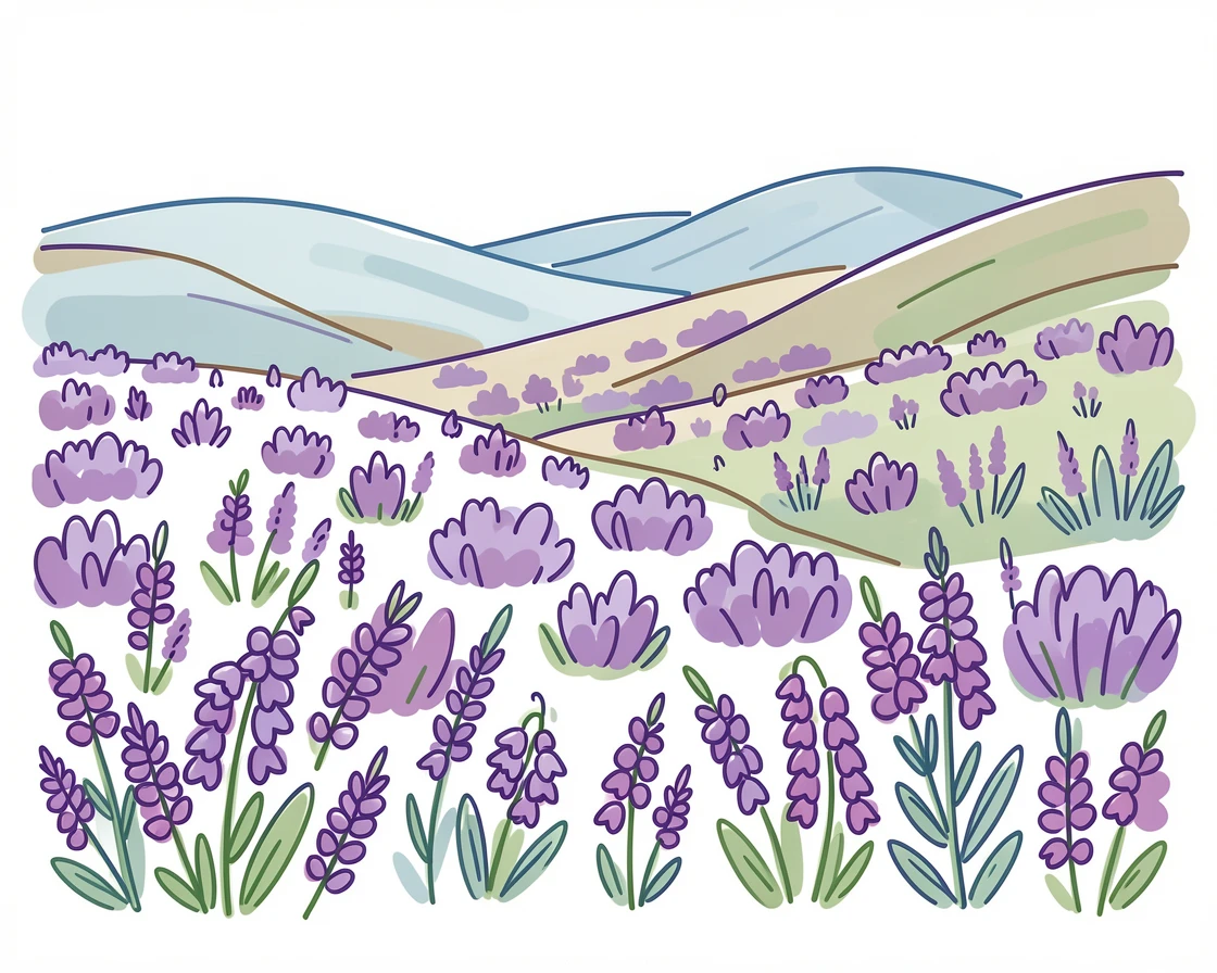 A field of purple heather covering rolling Scottish hills.