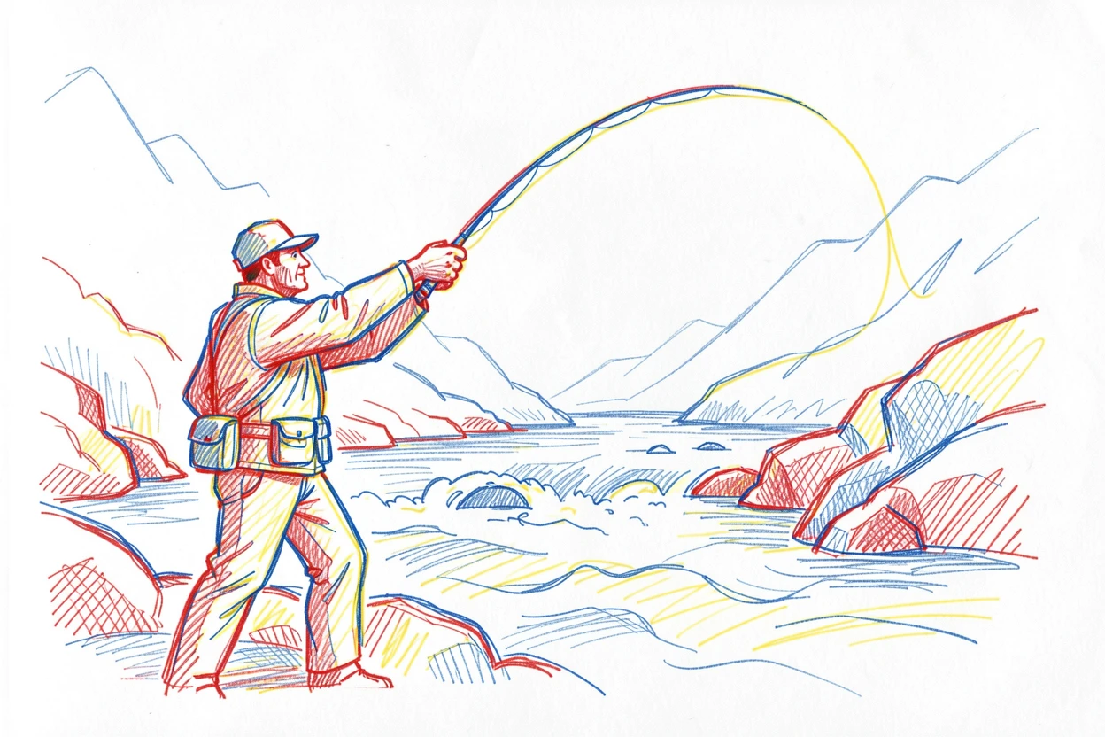 A fisherman fly-casting gracefully across a rushing mountain stream
