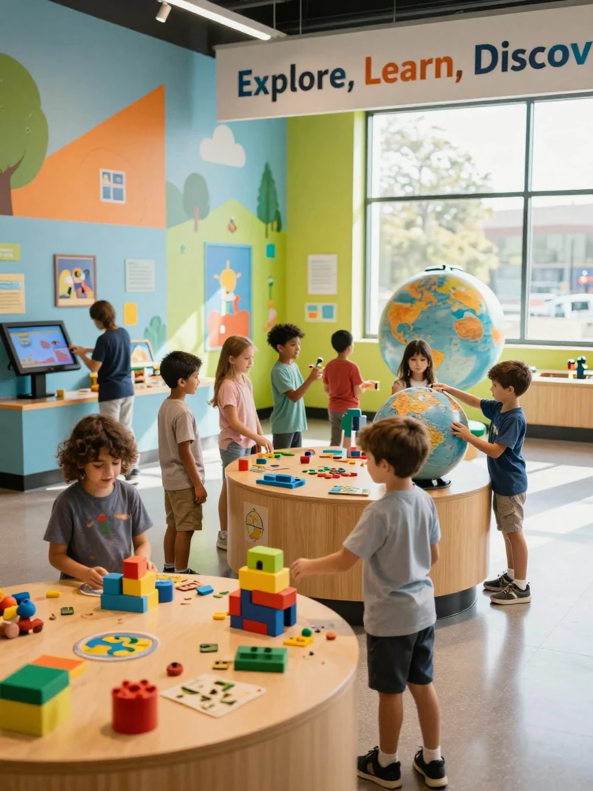 A children's museum with kids exploring interactive exhibits