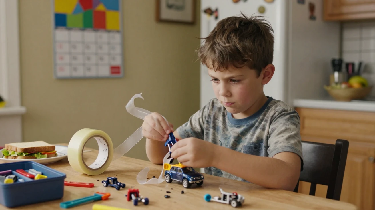 A boy 'fixes' a broken toy with an entire roll of tape and great confidence.