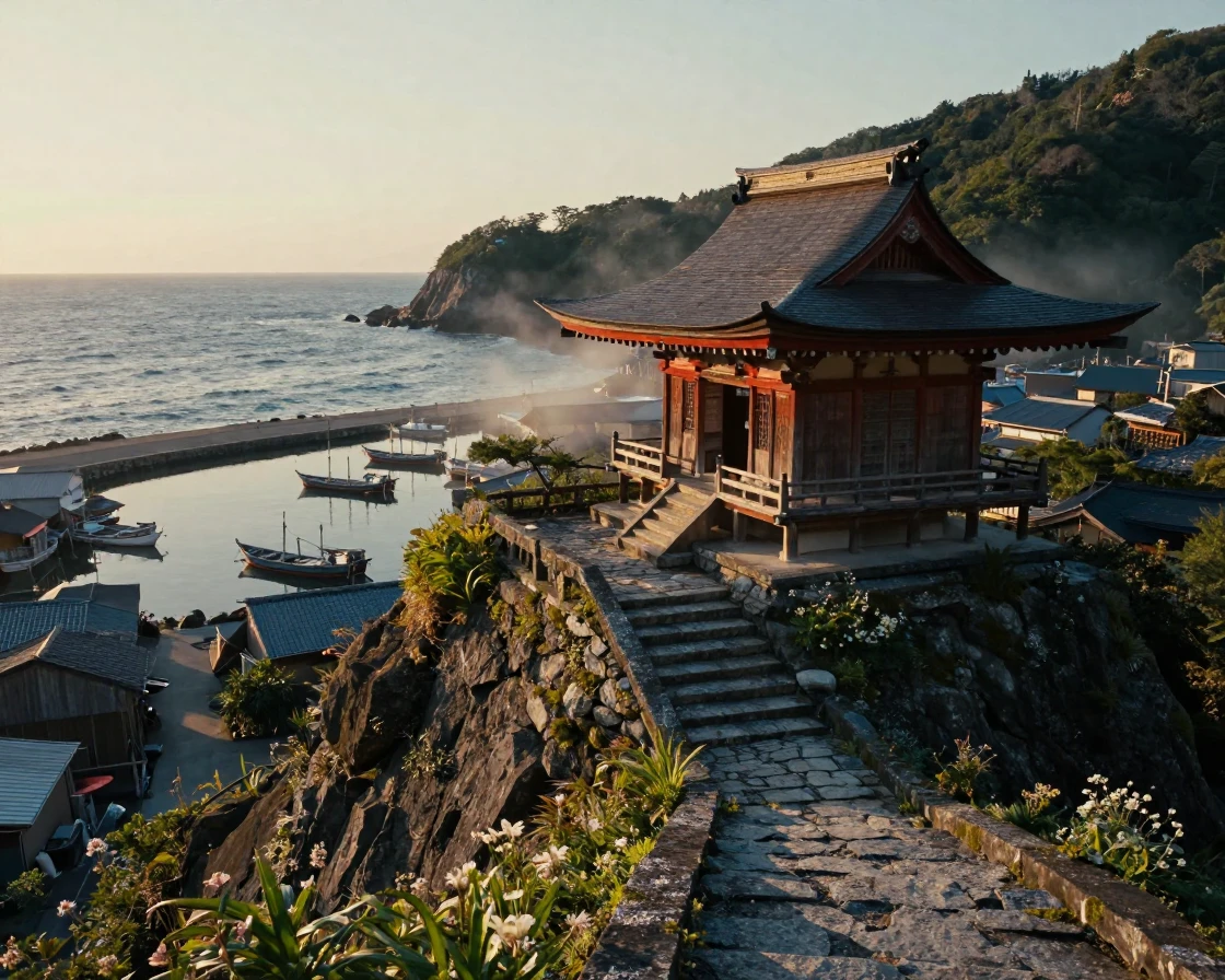 A mountaintop shrine reached by stone steps standing quietly along the coastline of a Japanese fishing village