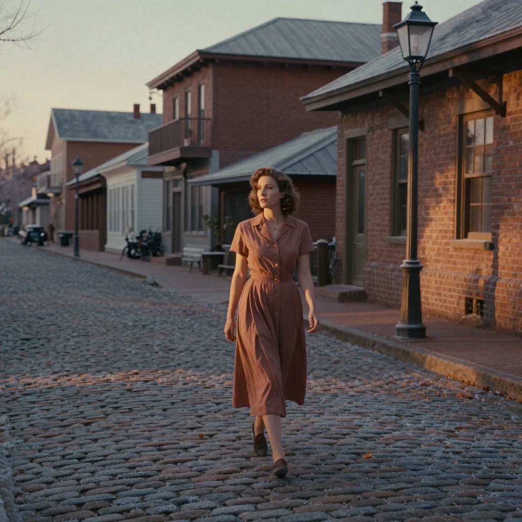 A woman in a flowing vintage dress walking along a cobbled street, in the last light of dusk, with frost coating every surface, as summer fades into fall, in earthy terracotta and ochre shades, from a wide establishing view.