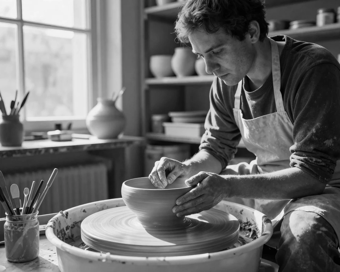 A ceramicist shapes a bowl on a spinning wheel beside a sunlit workshop window.