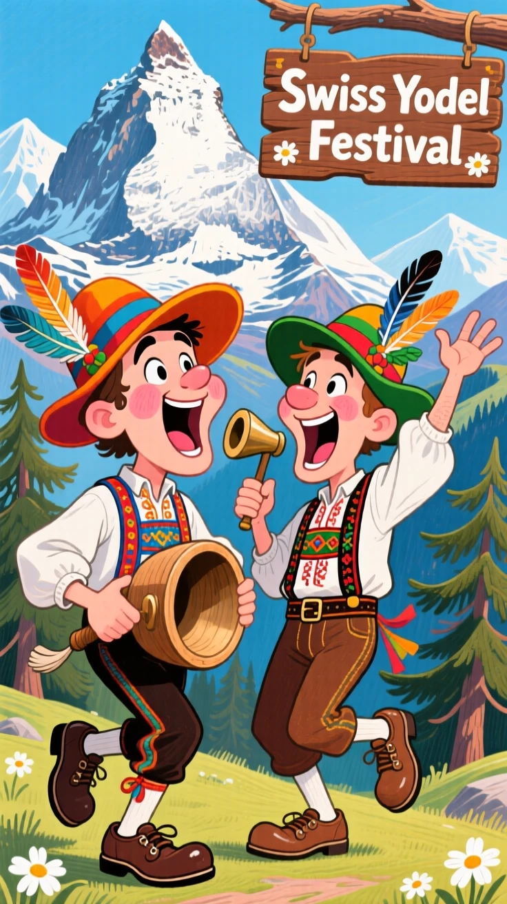 Traditional Swiss yodelers performing in front of alpine mountain scenery.