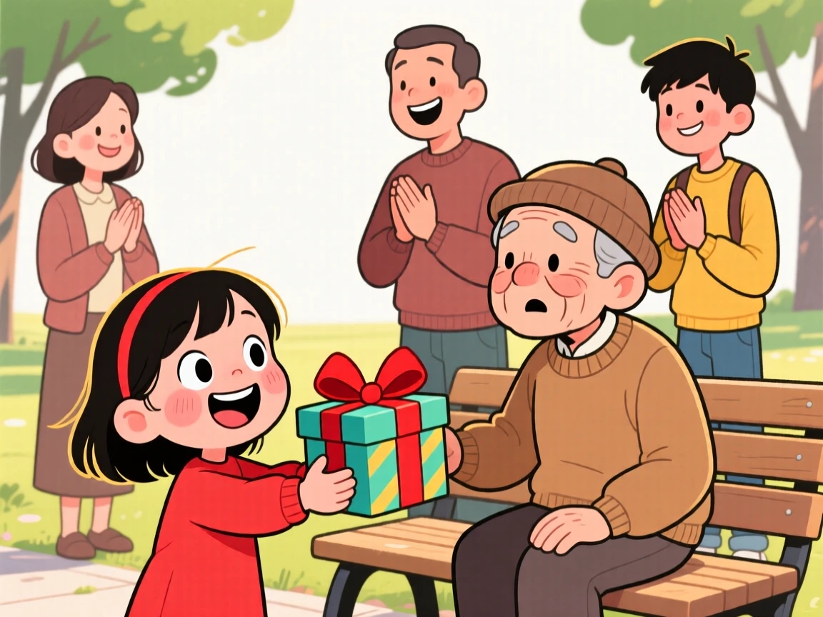 A heartwarming moment depicting a beaming little girl offering a kind gesture to someone in need, surrounded by loved ones cheering quietly.