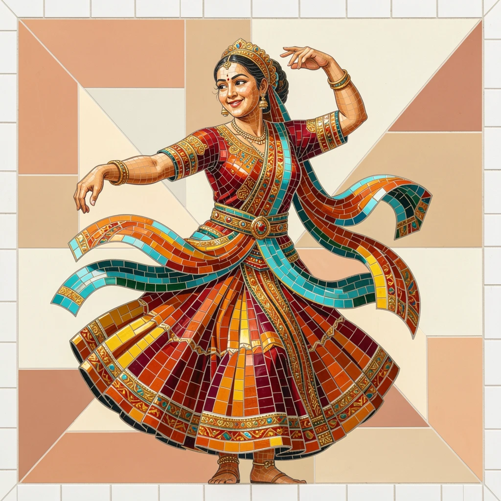 A warm, expressive portrait of a traditional dancer in vibrant cultural dress mid-performance, with soft natural lighting and rich emotional detail.