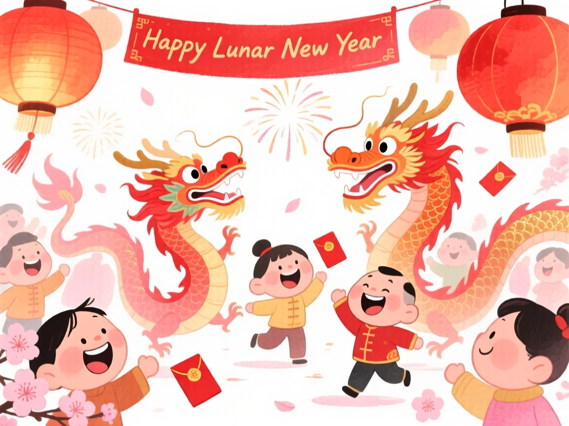 A joyful celebration scene of a Lunar New Year celebration with red lanterns and dancing dragons, glowing with soft festive light