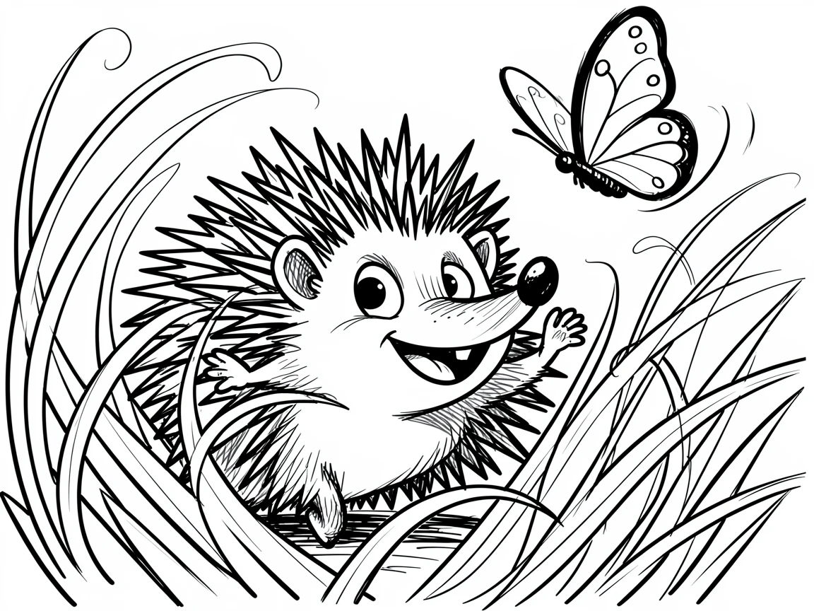 [Cute Animals & Pets] Adorable scene of a spirited hedgehog chasing a butterfly through grass, bursting with charm and playful energy