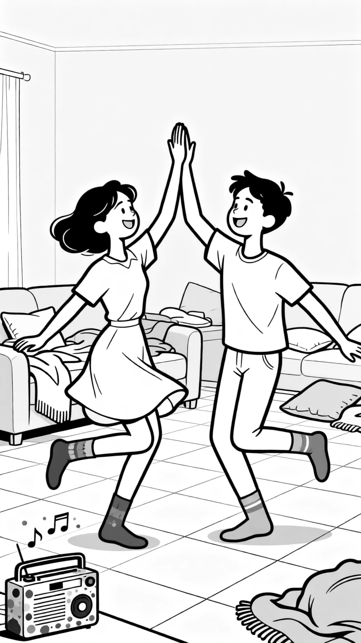 Two partners high-fiving after finally parallel parking, spinning slowly in socked feet across the tile, set in a living room strewn with couch cushions and blankets. A paint-stained radio plays faintly in the background. It captures romance in its most playful, everyday form.