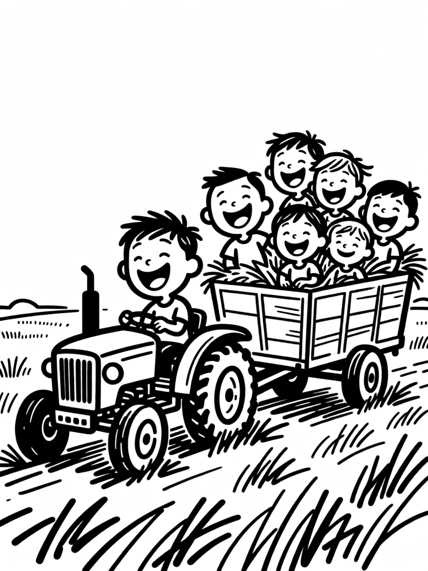 A tractor pulling a hay wagon full of laughing kids through a golden field.