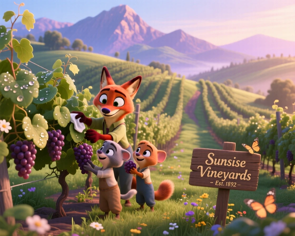 A rolling hillside of vineyards glows as morning dew clings to every leaf and petal, with distant mountains fading into soft haze. The mood is serene, vast, and quietly majestic.