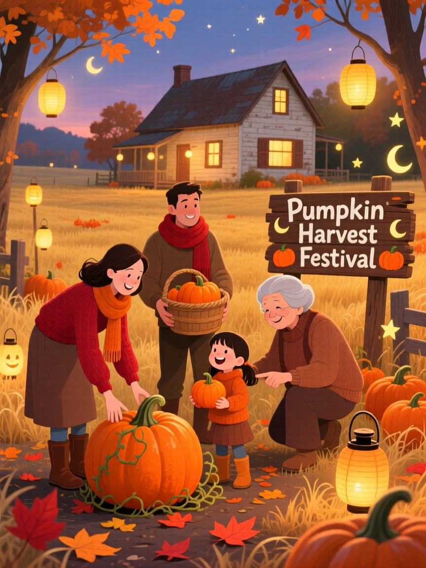 A family gathered together spend the evening harvesting pumpkins in a golden autumn field in a family farmhouse, as golden lanterns glow warmly.