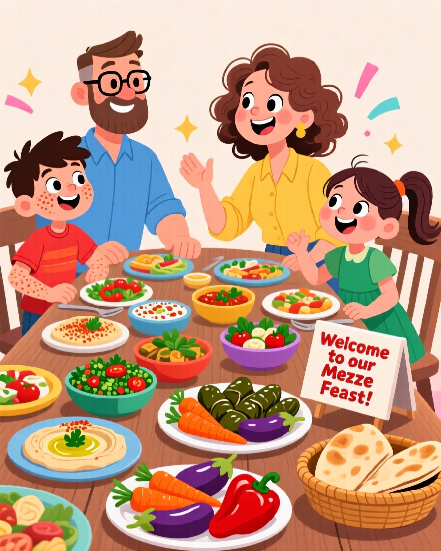 A family gathered around a table of colorful mezze dishes.