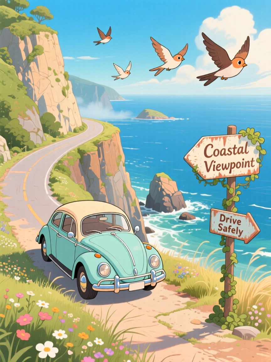 A charming scene of a vintage car winding along a coastal cliffside road, as birds fly alongside it.