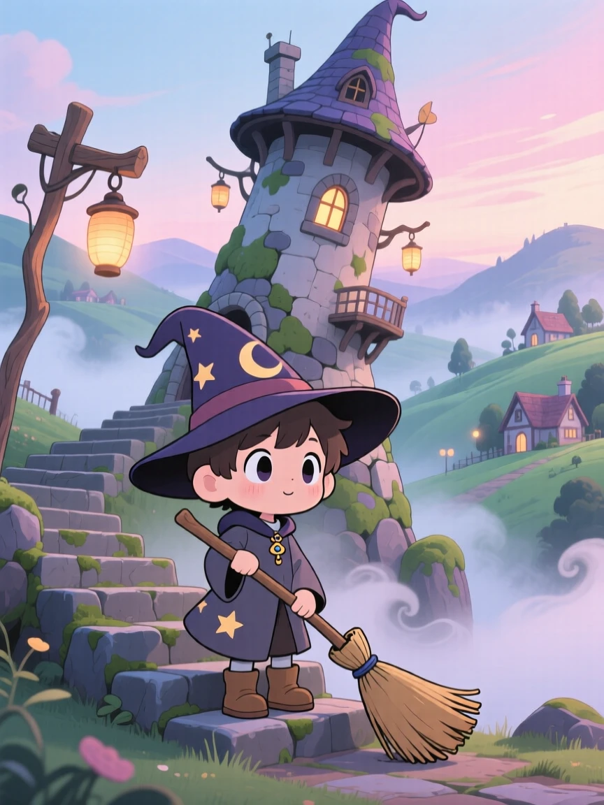 A small wizard's apprentice sweeping the steps of a crooked tower in a mystical hillside village on a misty foggy morning; soft pastel light of dawn washes over the scene as wide-eyed wonder fills the moment. Medium shot.