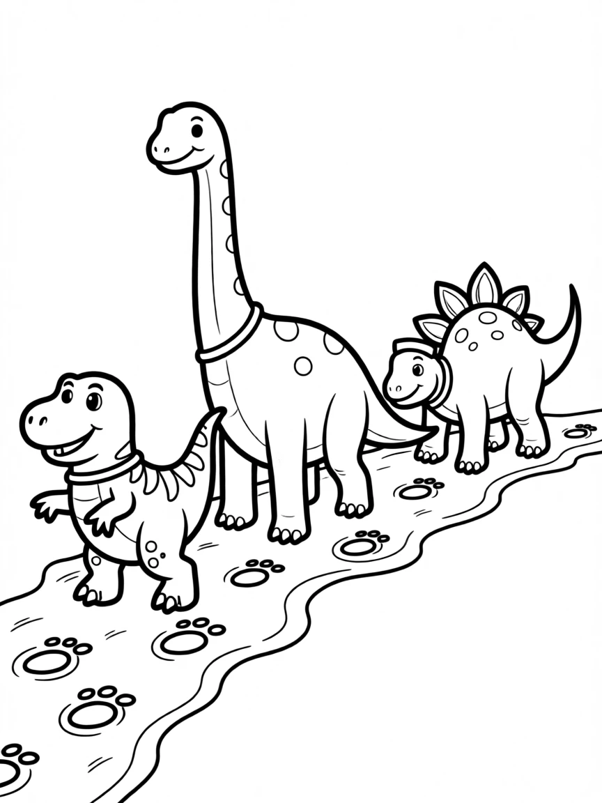 A group of dinosaurs walking along footprints in soft mud