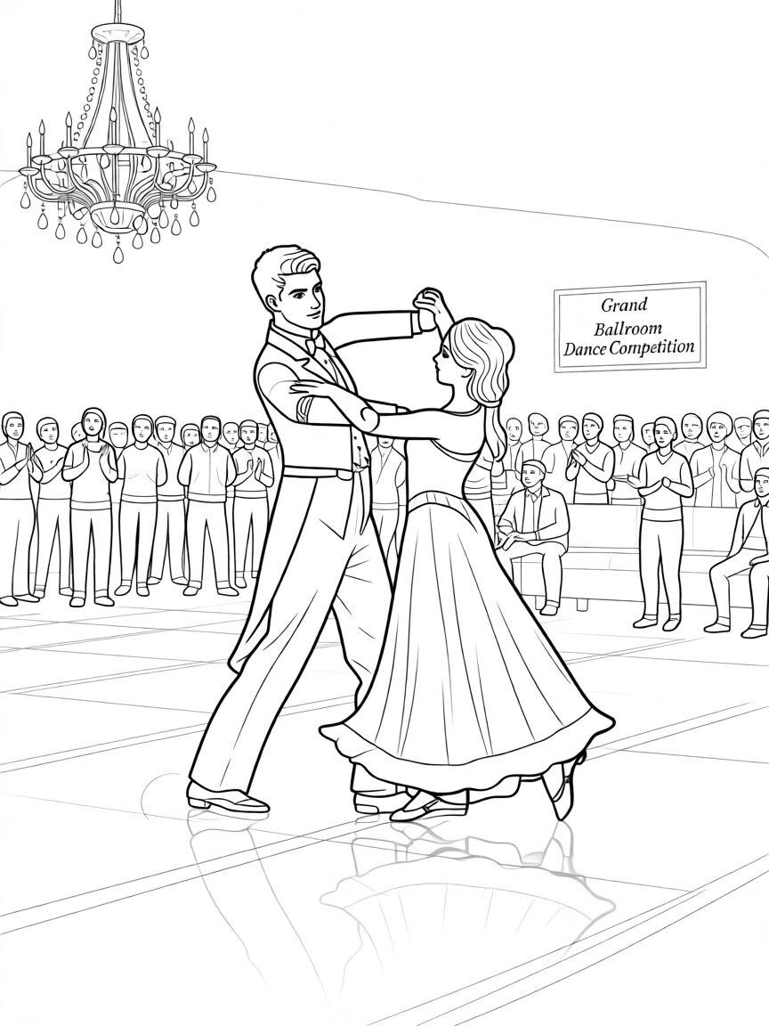 A pair of ballroom dancers gliding across a polished floor, with a crowd cheering just out of focus.