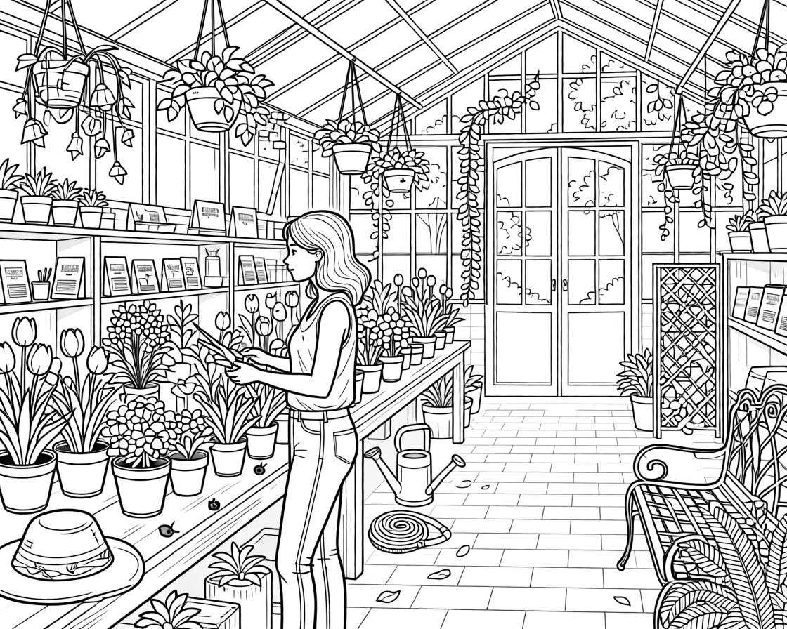 A springtime greenhouse plant sale scene with rows of blooming pots.