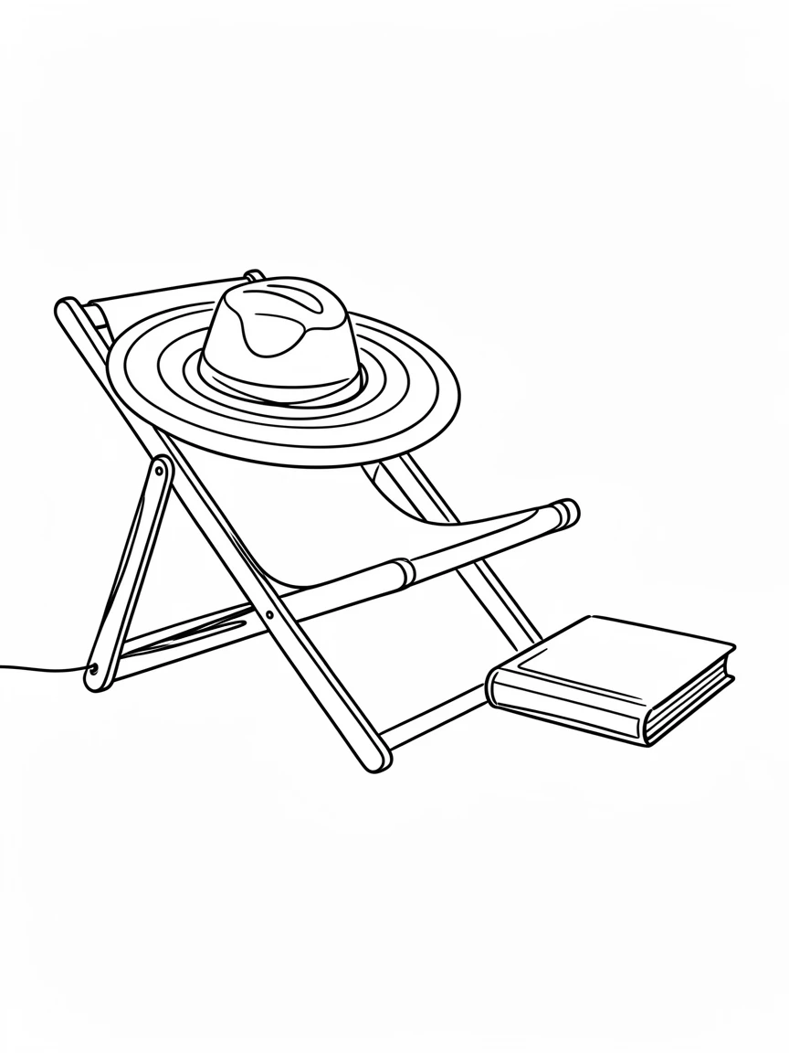 A woven sun hat resting on a beach chair beside a paperback book