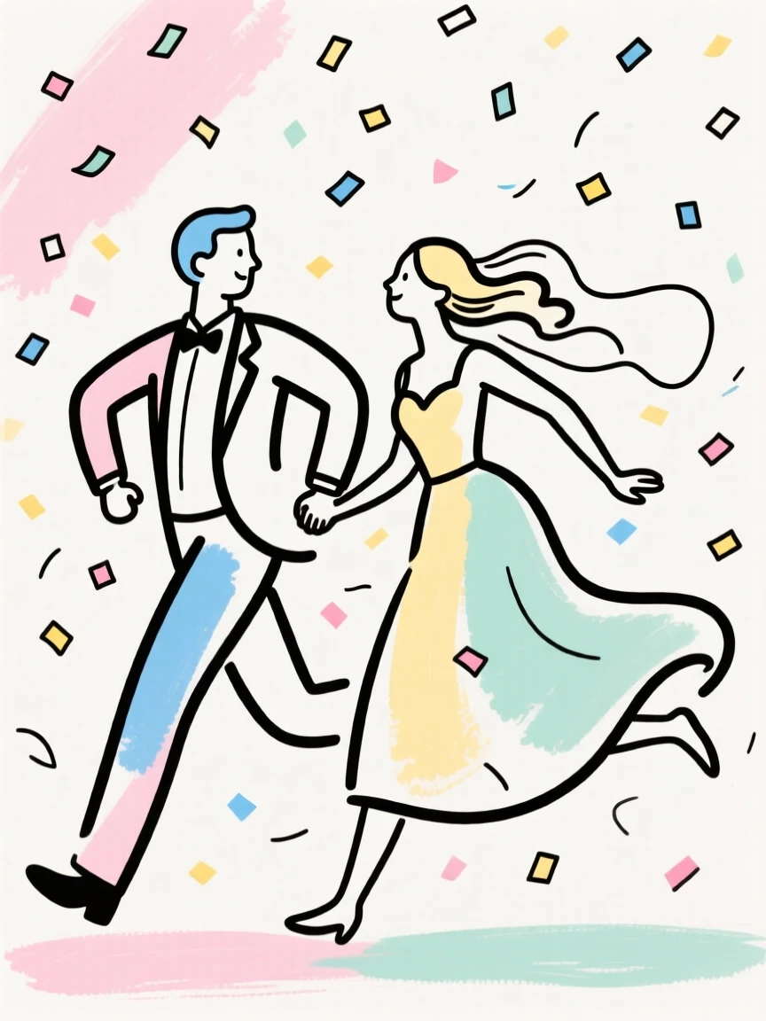Newlyweds running through confetti