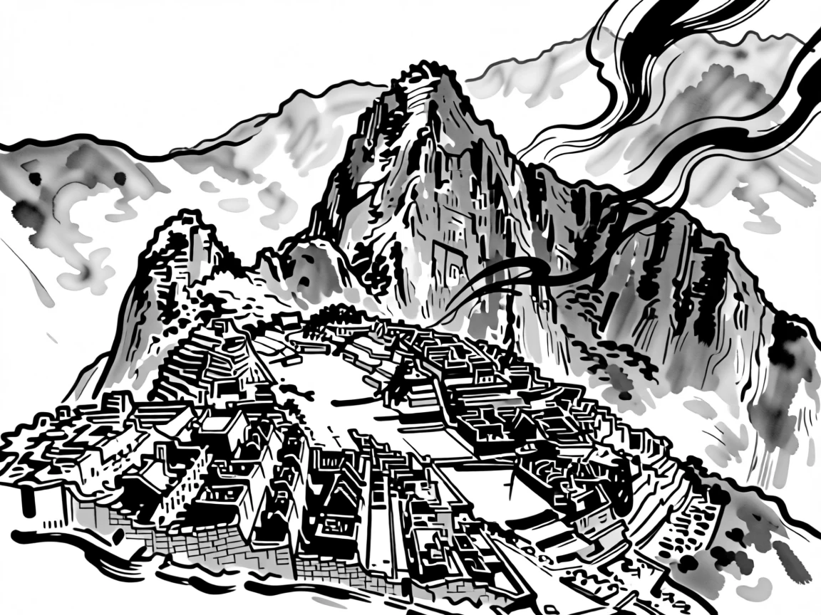 Machu Picchu perched dramatically among misty Andean mountain peaks.