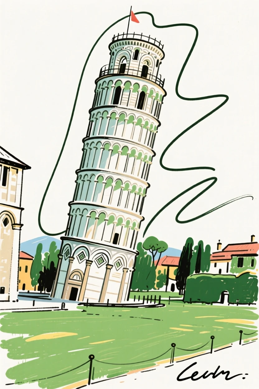 The Leaning Tower of Pisa standing beside a green Italian courtyard.