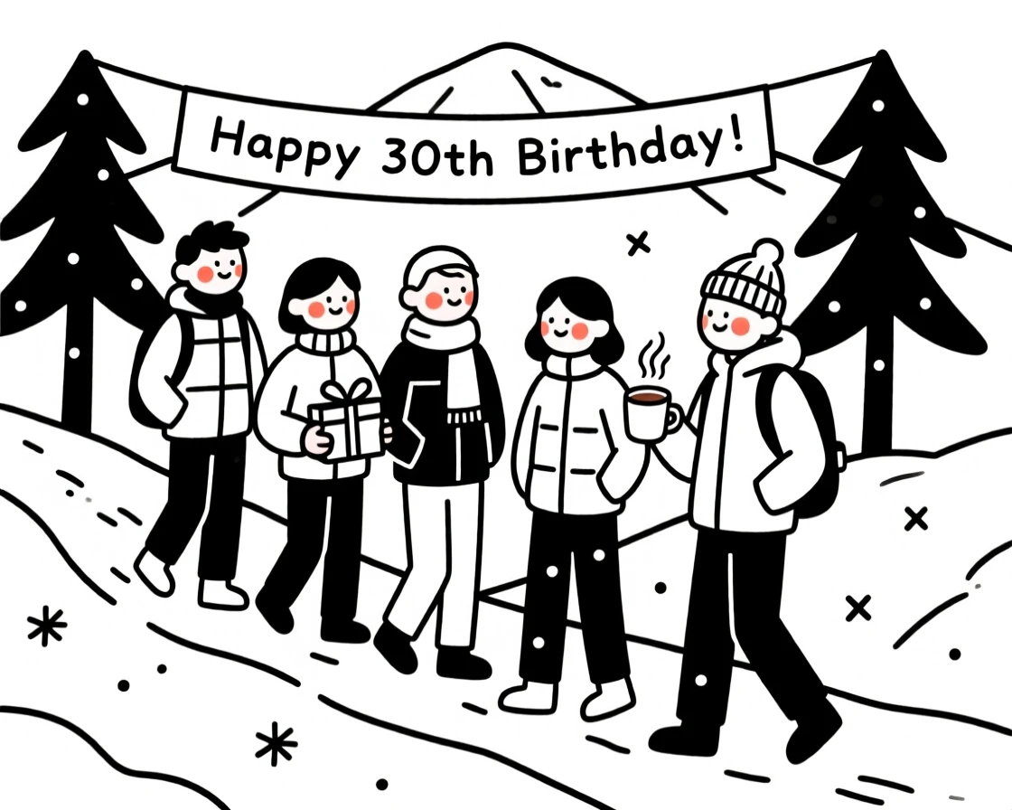 A group of friends celebrating a milestone birthday, on a snowy mountain trail.