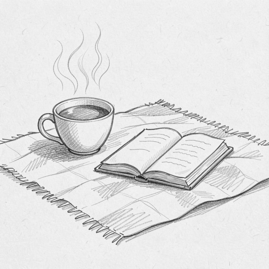 An appetizing still life of a steaming cup of coffee beside an open book on a weathered picnic blanket, with a warm, inviting glow.