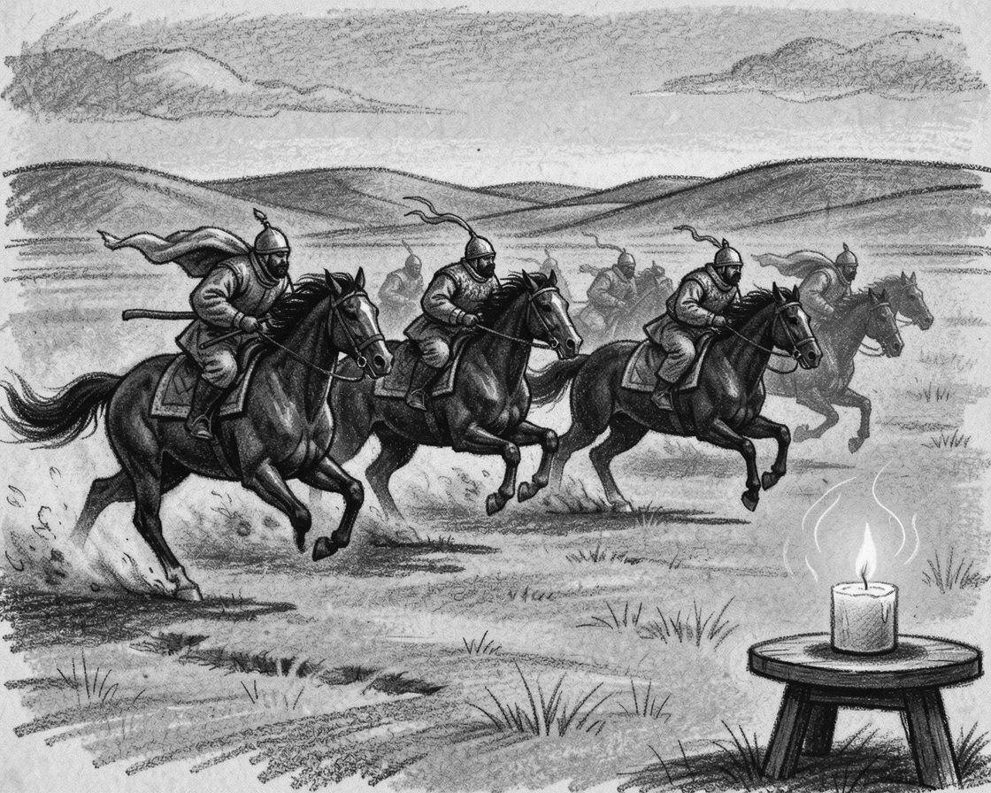 A Mongolian Naadam festival horse race across the steppe, as soft candlelight flickers nearby.