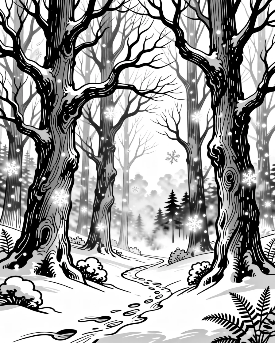 A magical winter forest where every snowflake glows faintly with its own light.