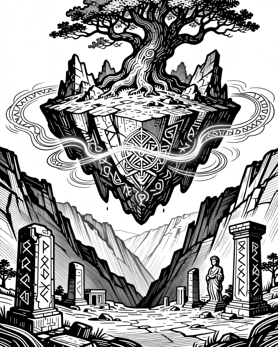 A floating island held aloft by ancient magic in a valley scattered with ancient ruins, with glowing runes etched into ancient stone, forming an awe-inspiring and magical fantasy scene.