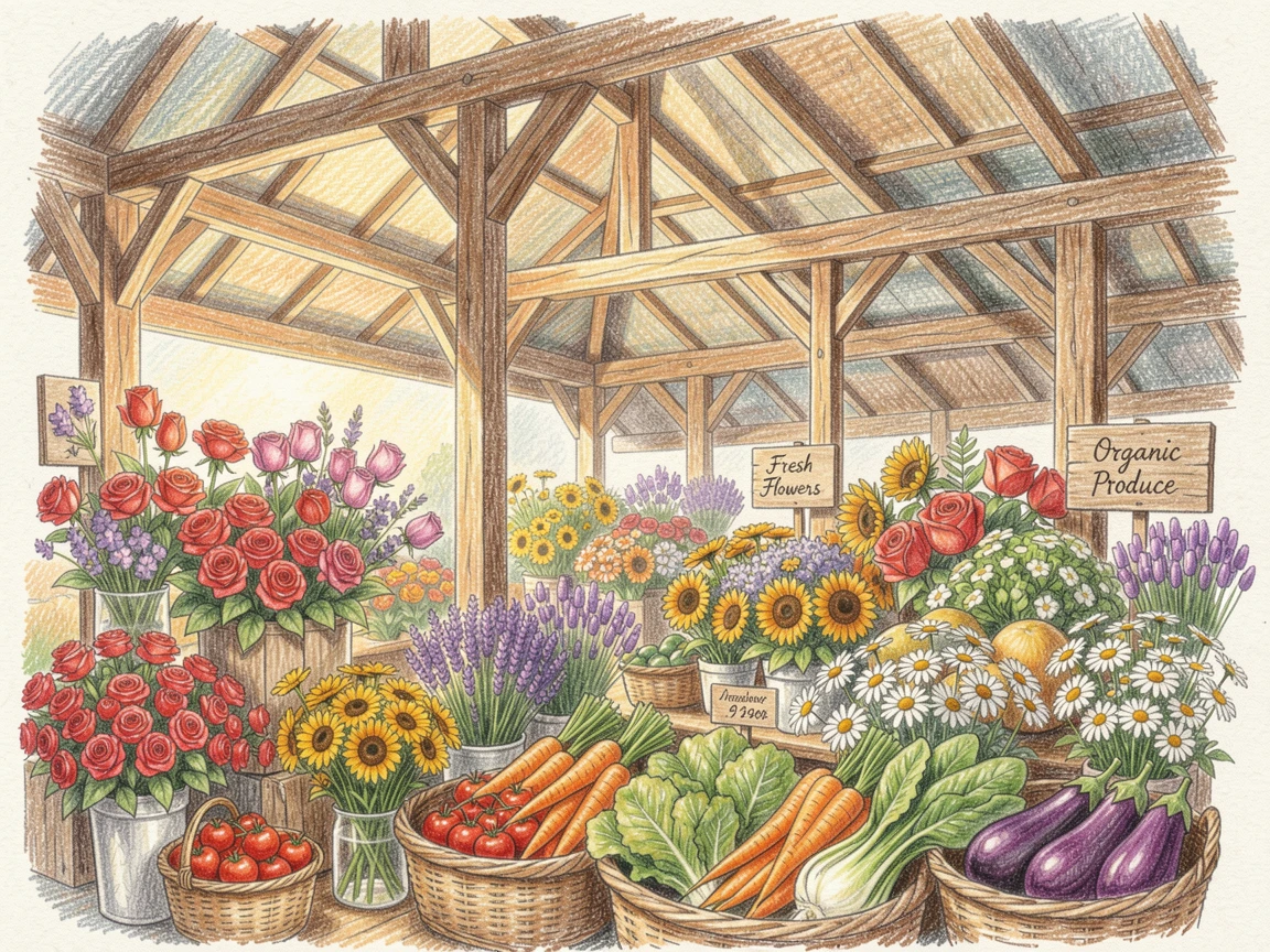 A rustic covered market hall filled with fresh flowers and produce, set against a softly lit, atmospheric backdrop, designed to feel inviting, memorable, and shareable.