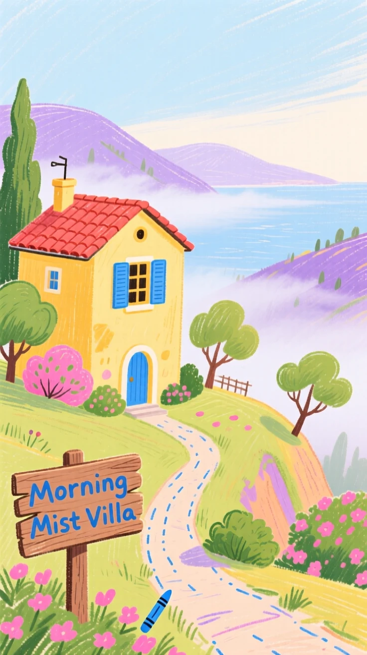A coastal villa overlooking a valley filled with morning mist.