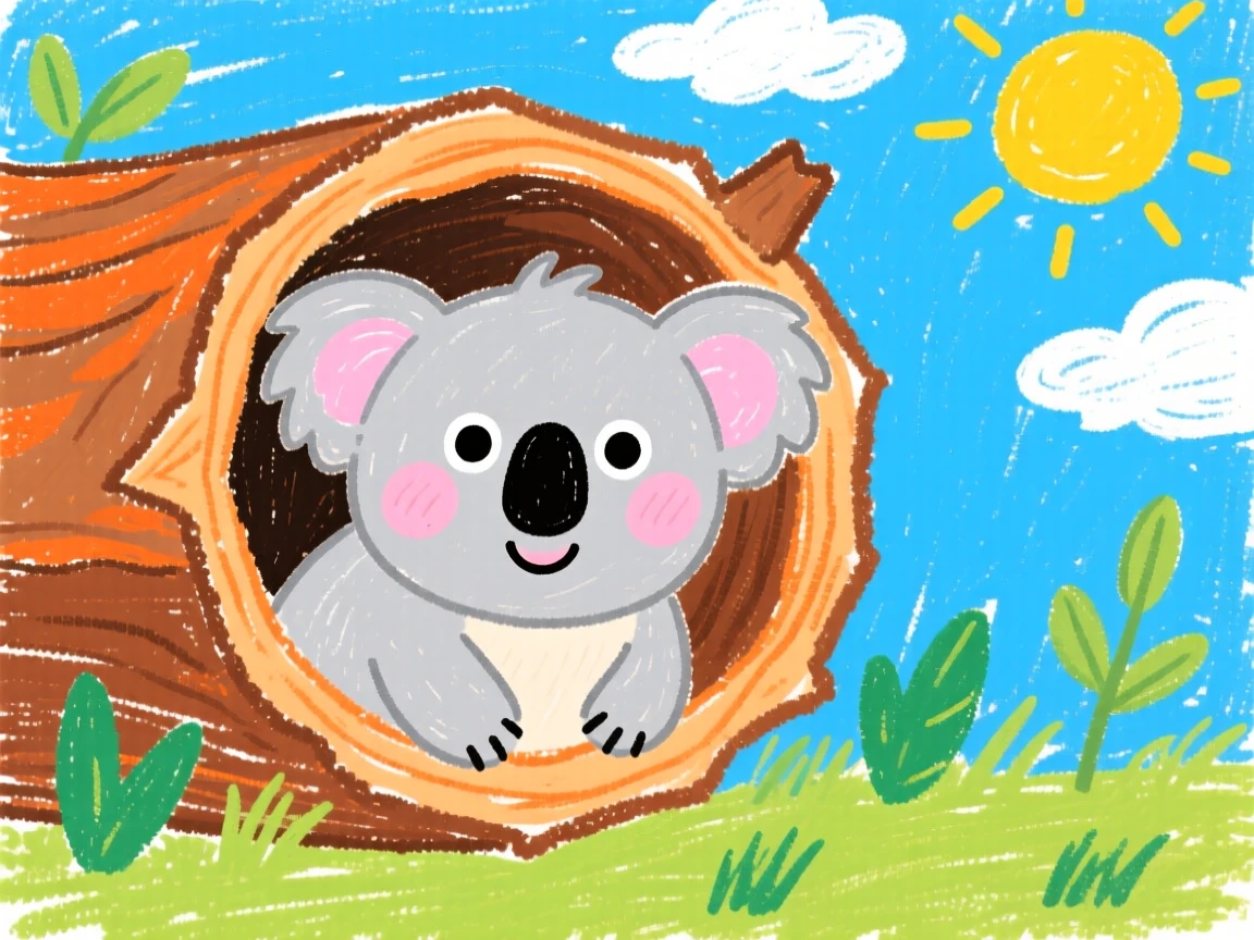 A plump koala joey peeking out from a hollow log.